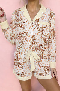 KaleaBoutique Stylish Leopard Print Colorblock Pocket Placket Long Sleeve Lounge Set - KaleaBoutique.com