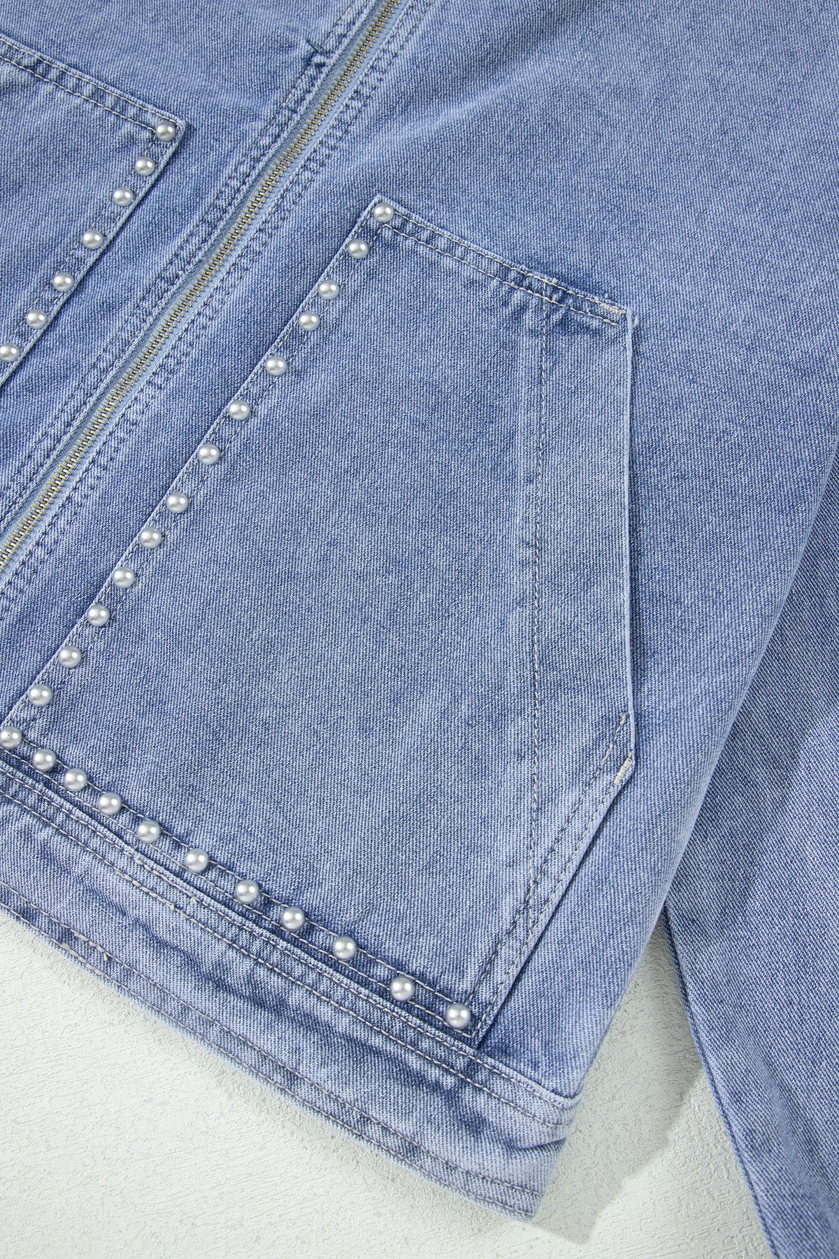KaleaBoutique Stylish Studded Metal Zipper Rivet Pockets Long Sleeve Denim Jacket - KaleaBoutique.com