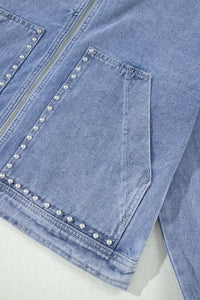 KaleaBoutique Stylish Studded Metal Zipper Rivet Pockets Long Sleeve Denim Jacket - KaleaBoutique.com