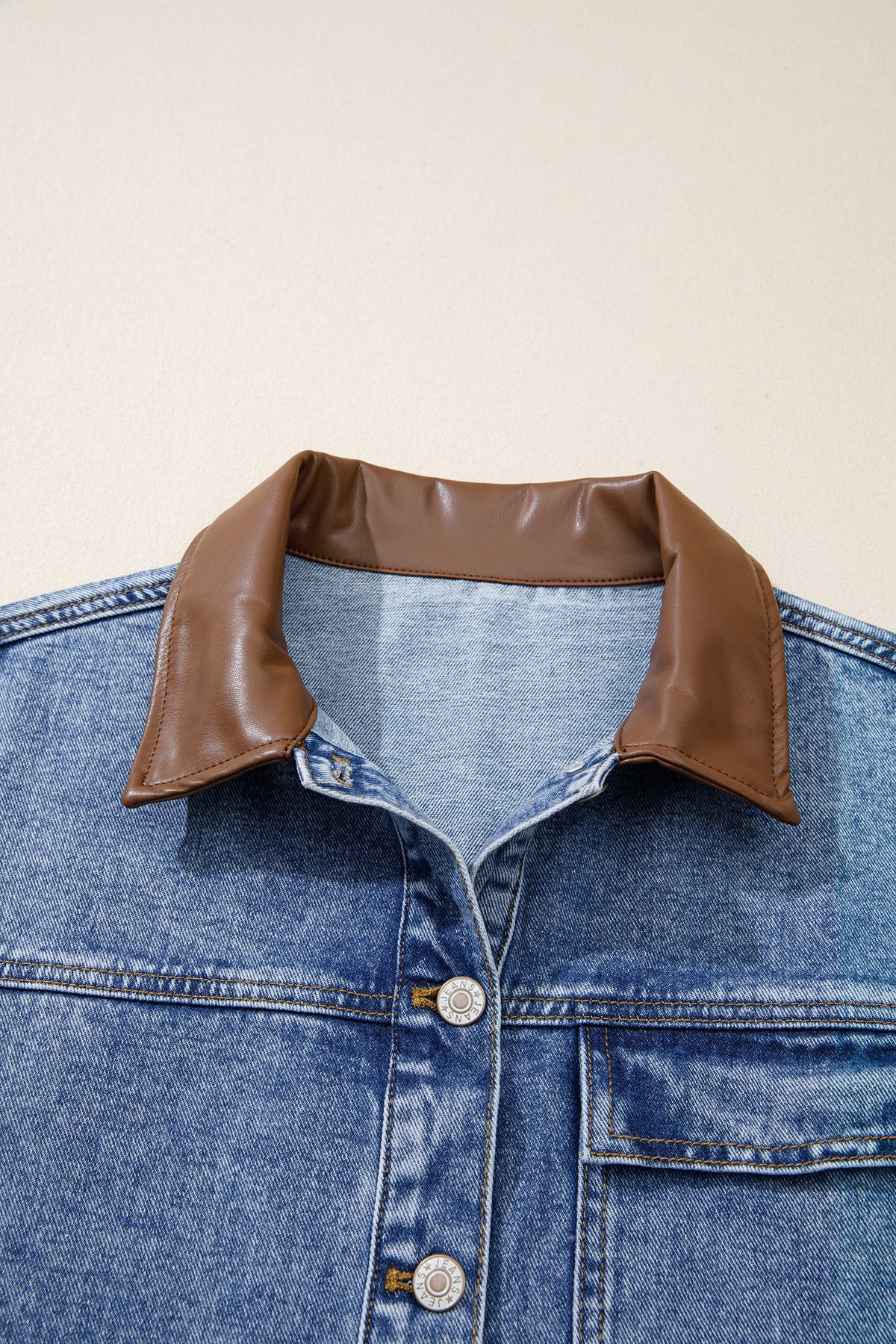 Patchwork Leather Collar Long Sleeve Denim Jacket - KaleaBoutique.com