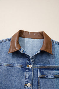 Patchwork Leather Collar Long Sleeve Denim Jacket - KaleaBoutique.com