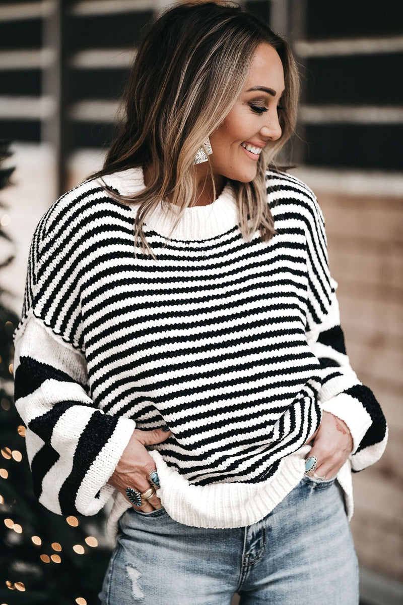 KaleaBoutique Stylish Striped Drop Shoulder Bishop Sleeve Knit Sweater - KaleaBoutique.com