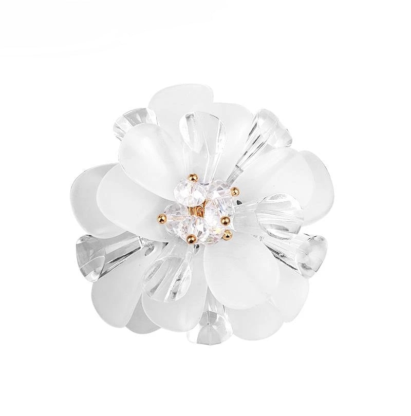White Flower Petal Bridal Brooch, Wedding Flowerhead Round Broach, Mother of Bride Floral Clear Brooch - KaleaBoutique.com