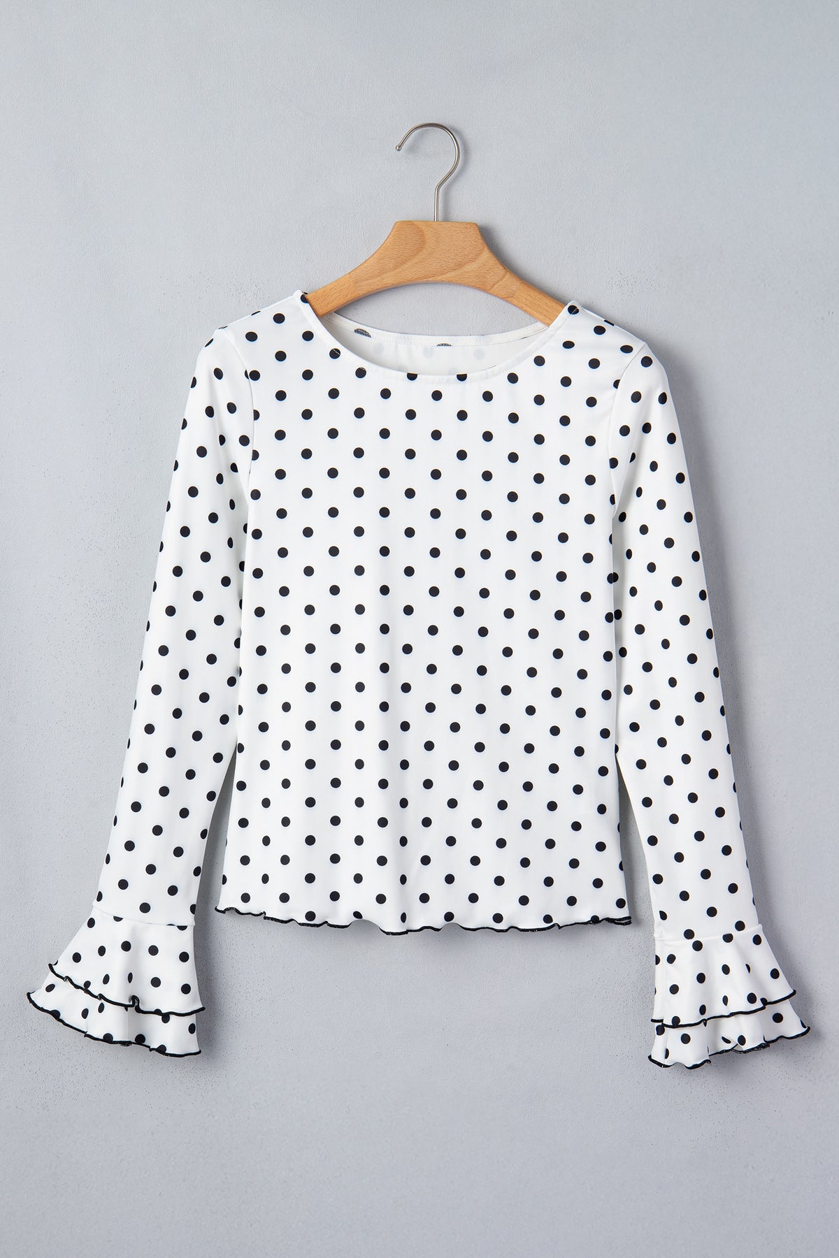 KaleaBoutique Stylish Polka Dot Print Lettuce Trim Long Sleeve Top - KaleaBoutique.com