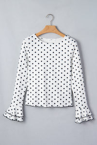 KaleaBoutique Stylish Polka Dot Print Lettuce Trim Long Sleeve Top - KaleaBoutique.com