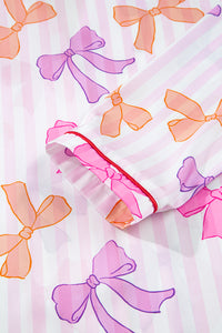 KaleaBoutique Stylish Striped Bow Print Contrast Piping Trim Shirt and Pants 2pcs Pajama Set - KaleaBoutique.com