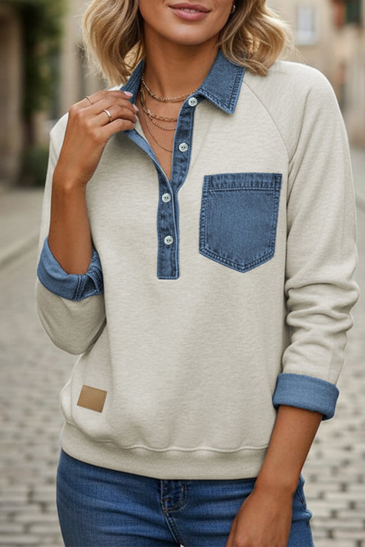 KaleaBoutique Stylish Denim Collar Patchwork Long Sleeve Pullover Top - KaleaBoutique.com