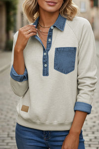 KaleaBoutique Stylish Denim Collar Patchwork Long Sleeve Pullover Top - KaleaBoutique.com