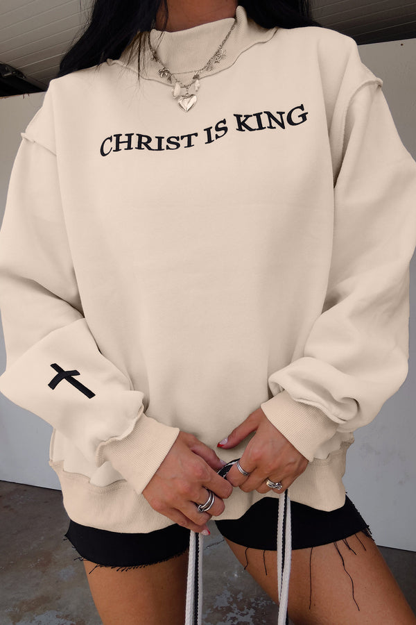 KaleaBoutique Comfortable CHRIST IS KING Embroidery High Neck Baggy Sweatshirt - KaleaBoutique.com