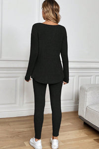 KaleaBoutique Comfortable Ribbed Notched Neck Knit Long Sleeve Leggings Two Pieces Lounge Set - KaleaBoutique.com