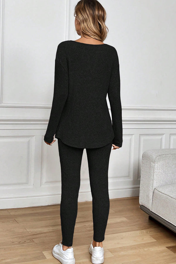 KaleaBoutique Comfortable Ribbed Notched Neck Knit Long Sleeve Leggings Two Pieces Lounge Set - KaleaBoutique.com