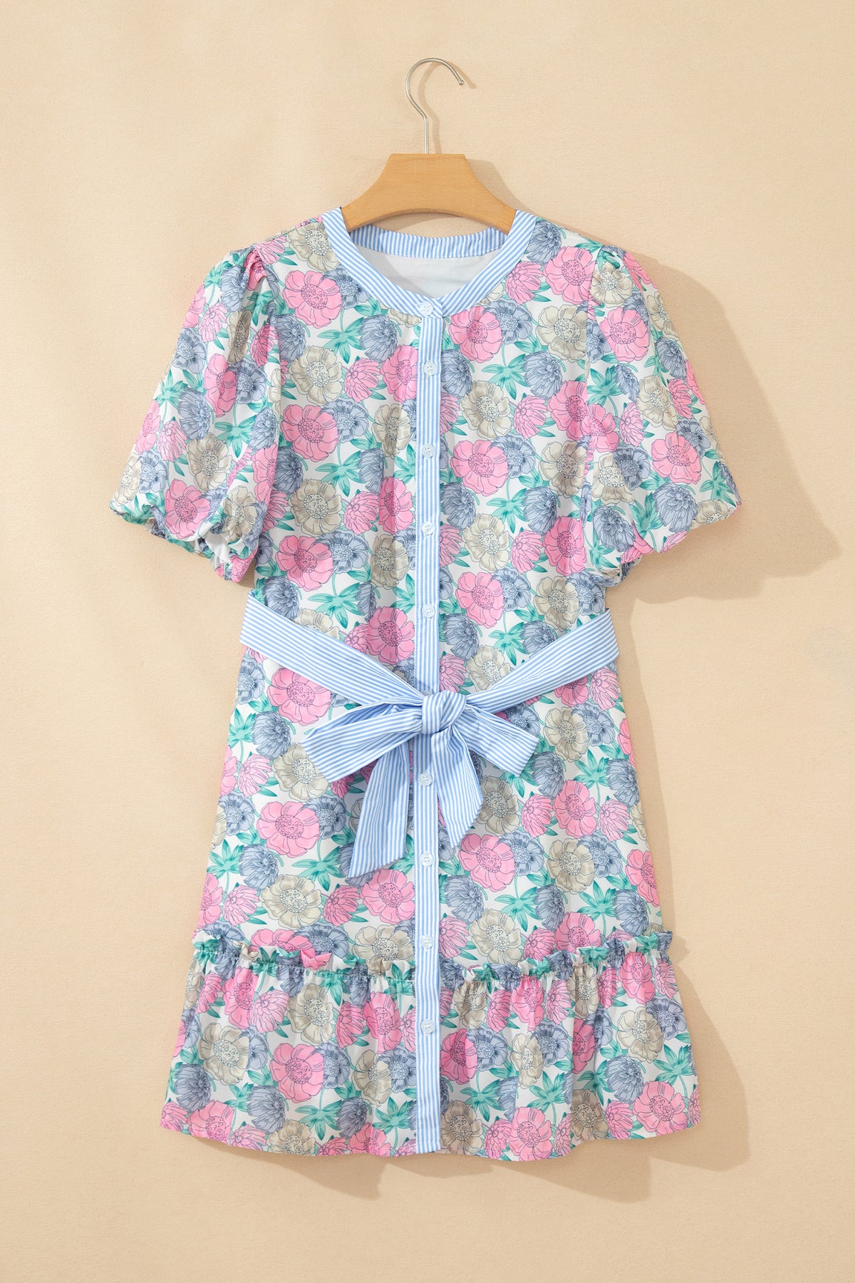 KaleaBoutique Stylish Floral Print Striped Contrast Trim Belted Short Dress - KaleaBoutique.com