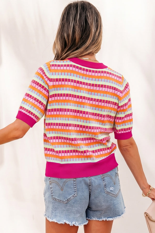 KaleaBoutique Stylish Abstract Striped Knit Short Sleeve Sweater - KaleaBoutique.com
