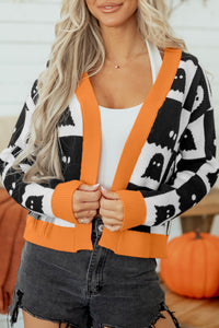 Black Geometric Ghost Print Knit Cardigan with Orange Trim - KaleaBoutique.com
