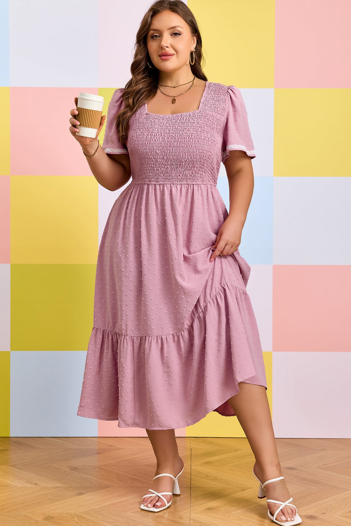 Pink Plus Size Swiss Dot Smocked Midi Dress - KaleaBoutique.com