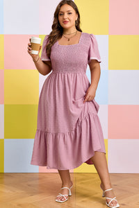 Pink Plus Size Swiss Dot Smocked Midi Dress - KaleaBoutique.com