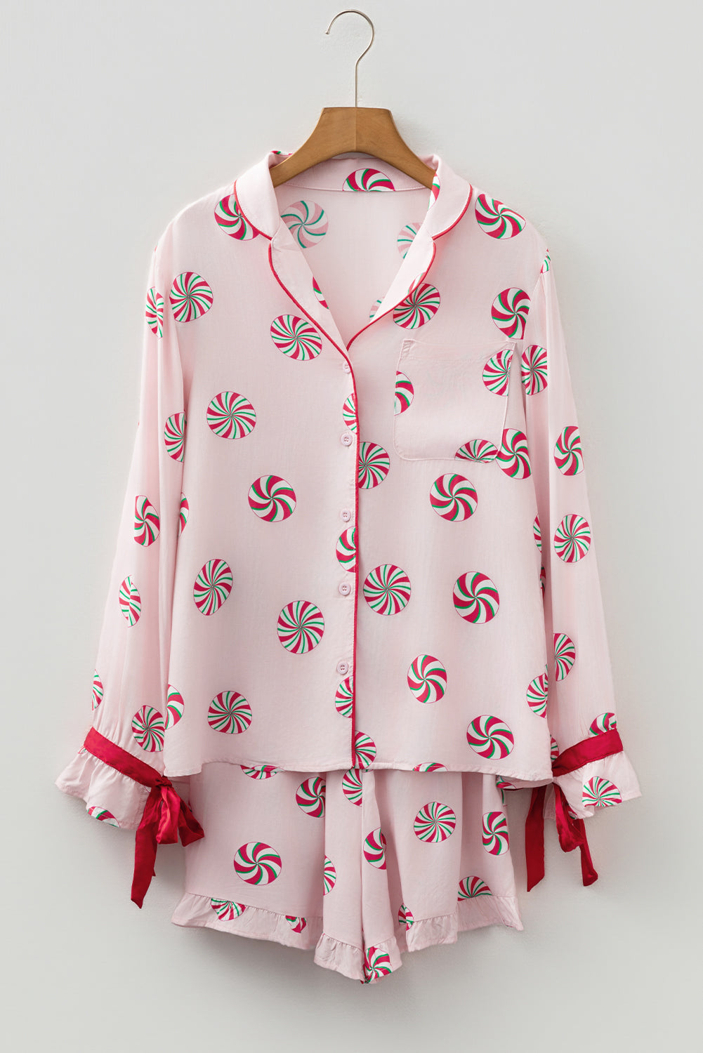 KaleaBoutique Comfortable Christmas Candy Contrast Trim Bow Knot Silky 2pcs Pajama Set - KaleaBoutique.com