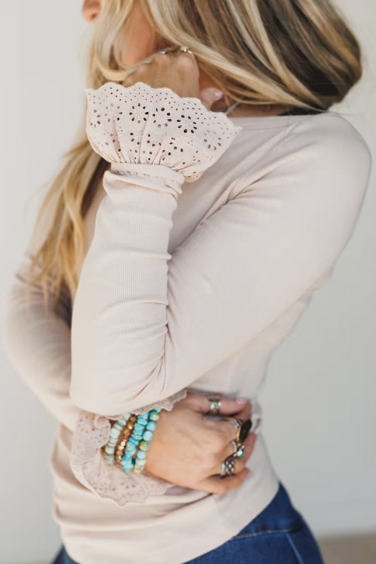 KaleaBoutique Comfortable Lace Cuff Patchwork Round Neck Long Sleeve Top - KaleaBoutique.com
