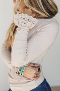 KaleaBoutique Comfortable Lace Cuff Patchwork Round Neck Long Sleeve Top - KaleaBoutique.com