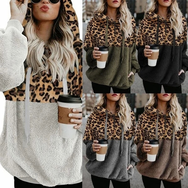 Women's Leopard-Print Colorblock Plush Pullover Hoodie - KaleaBoutique.com