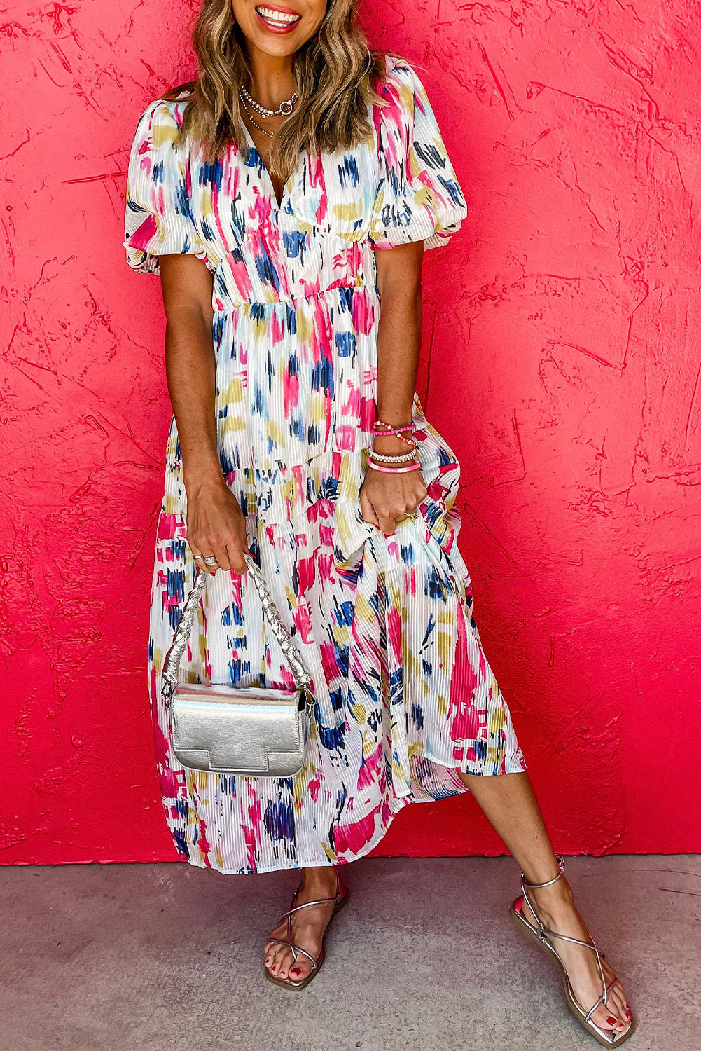 KaleaBoutique Stylish Abstract Print Short Puff Sleeve Tiered Maxi Dress - KaleaBoutique.com