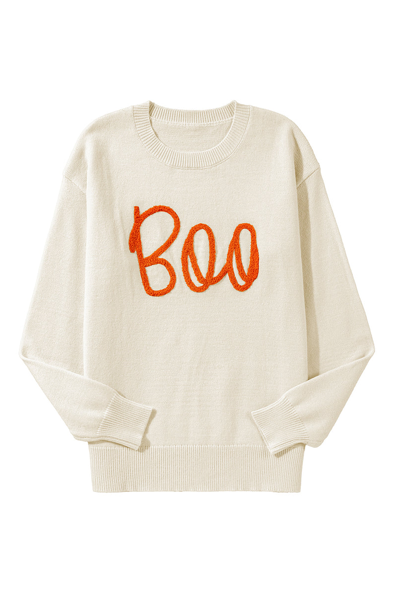 KaleaBoutique Boo Knitted Pattern Ribbed Edge Drop Shoulder Sweater - KaleaBoutique.com