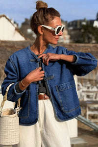 Vintage Fastening Big Patched Pockets Straight Cut Deep Wash Denim Jacket - KaleaBoutique.com