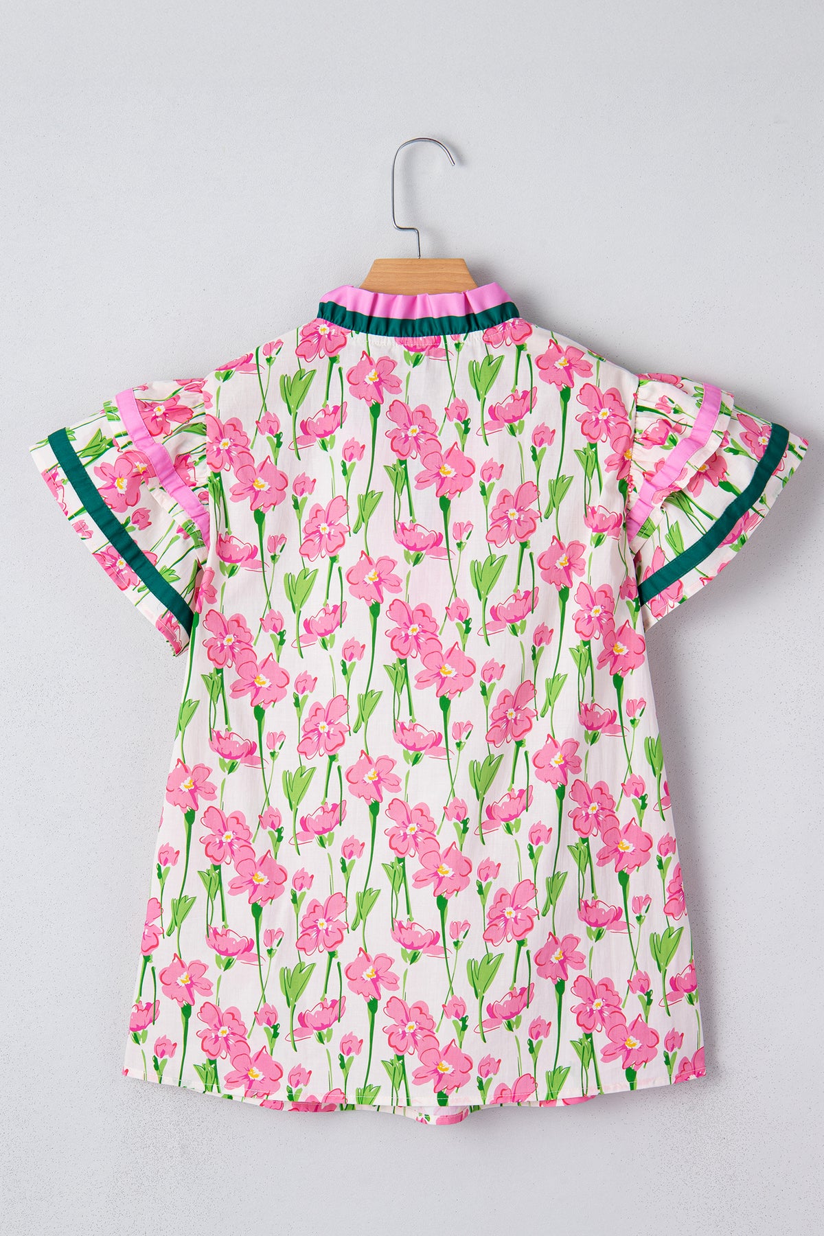 KaleaBoutique Floral Print Contrast Trim V Neck Double Ruffled Short Sleeve Blouse - KaleaBoutique.com