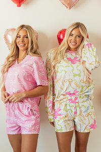 KaleaBoutique Stylish Waffle Knit Bowknot Printed V Neck T Shirt and Shorts Set - KaleaBoutique.com