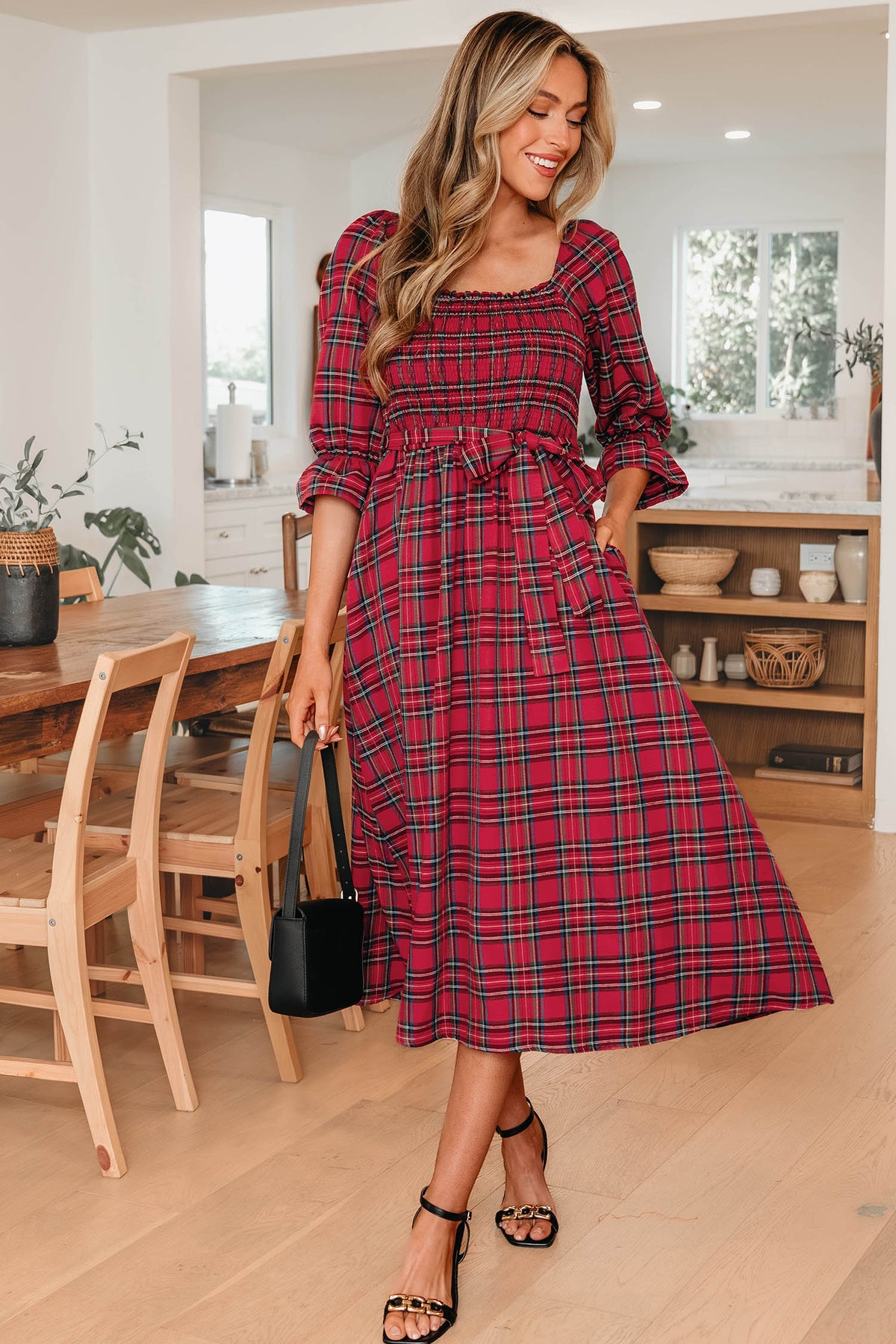 KaleaBoutique Stylish Plaid Square Neck Puff Sleeve Knot Waist Flared Midi Dress - KaleaBoutique.com