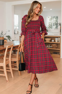 KaleaBoutique Stylish Plaid Square Neck Puff Sleeve Knot Waist Flared Midi Dress - KaleaBoutique.com