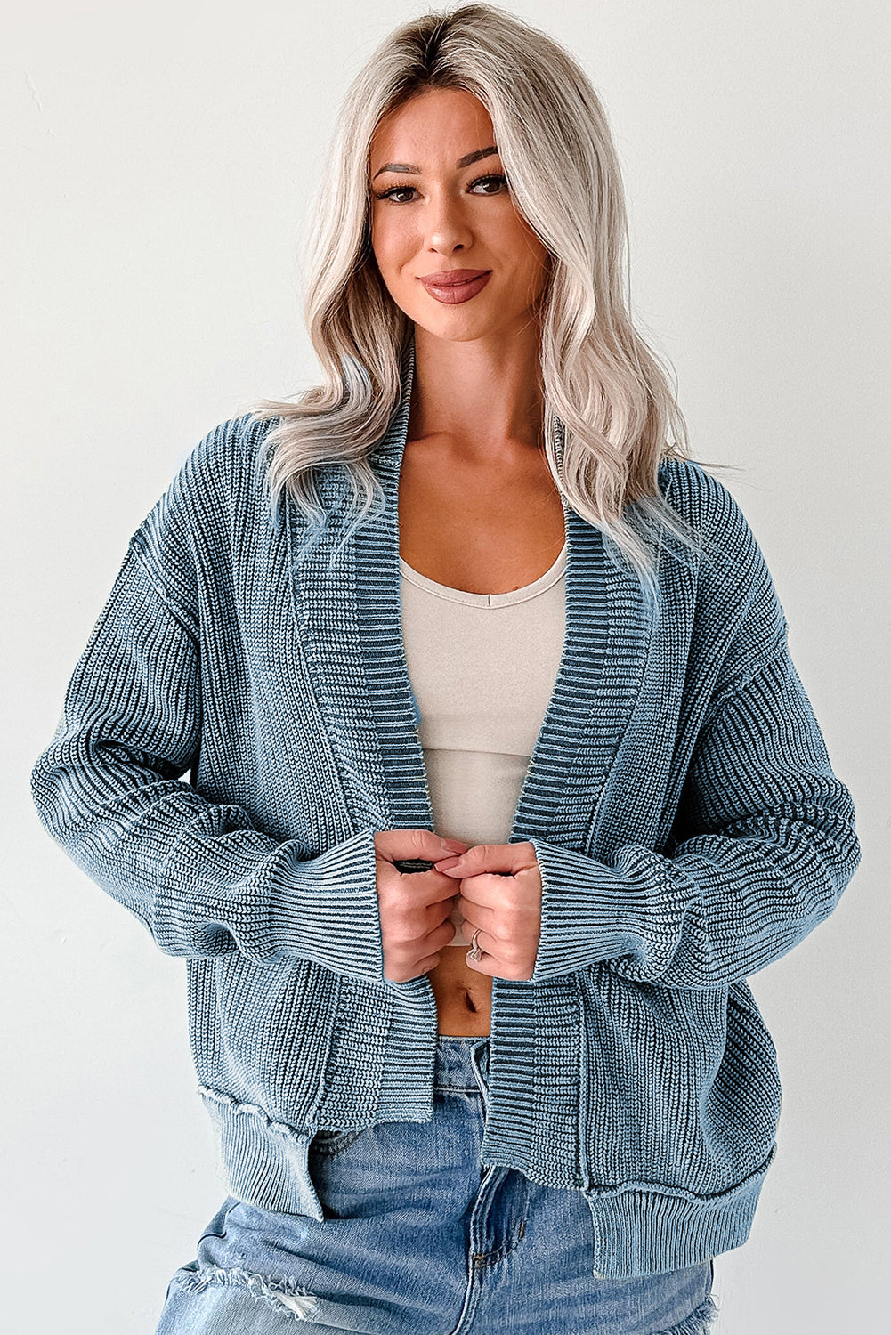 KaleaBoutique Stylish Mineral Wash Exposed Seam Patchwork Knit Open Sweater Cardigan - KaleaBoutique.com