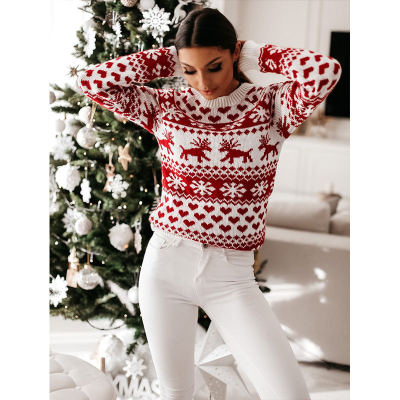 Women's Reindeer Snowflake and Heart Christmas Pullover Sweater - KaleaBoutique.com