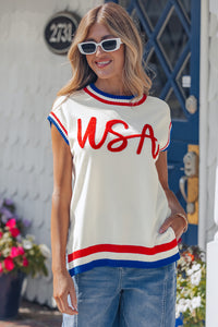 KaleaBoutique Stylish USA Contrast Striped Trim Round Neck Short Sleeve Sweater - KaleaBoutique.com