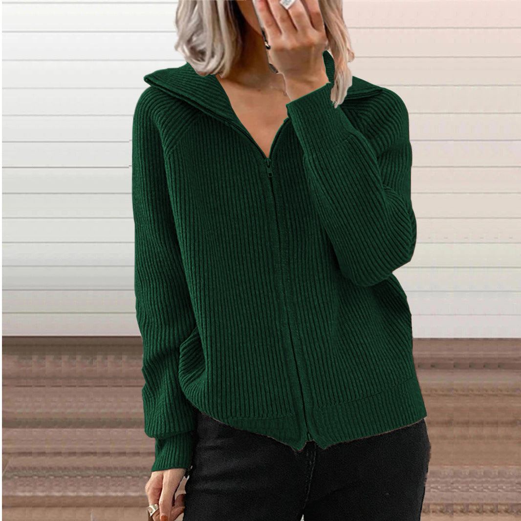 Women's Ribbed Full-Zip Collared Cardigan - KaleaBoutique.com