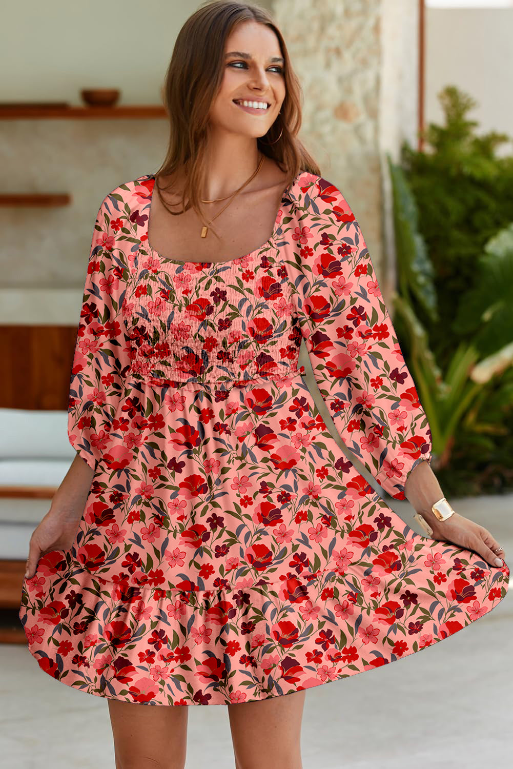KaleaBoutique Comfortable Floral 3/4 Sleeve Square Neck Smocked Mini Dress - KaleaBoutique.com