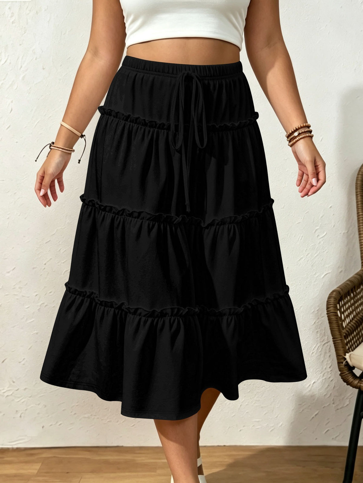 Drawstring Elastic Waist Loose Slimming Midi Tiered Skirt - KaleaBoutique.com