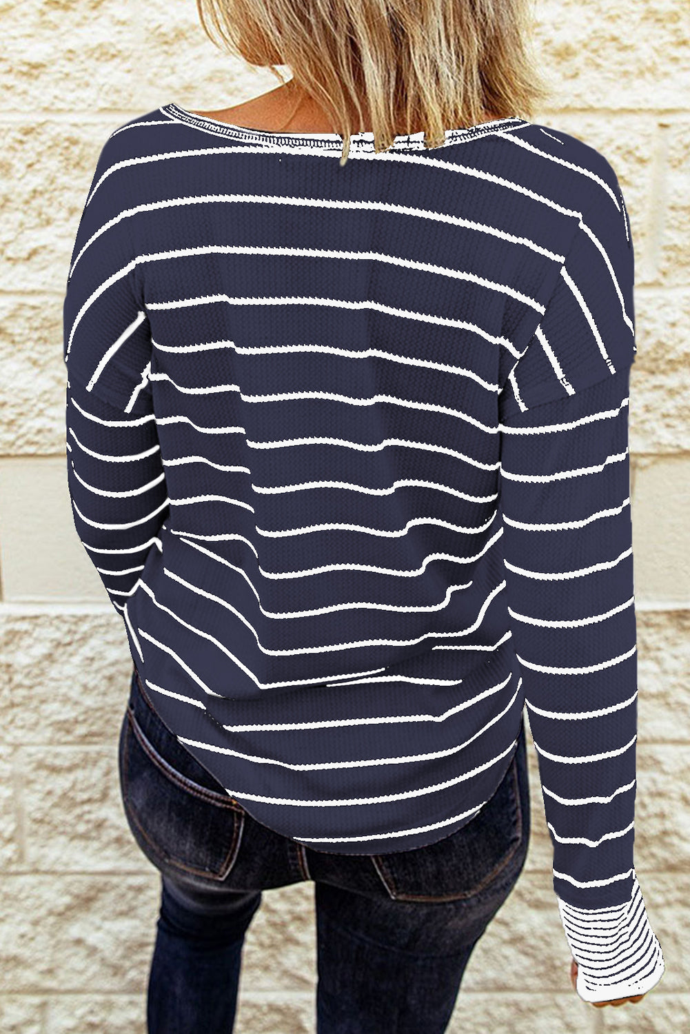 KaleaBoutique Stylish Striped Buttoned Henley Waffle Knit Top - KaleaBoutique.com