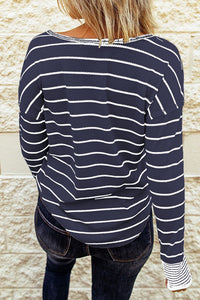 KaleaBoutique Stylish Striped Buttoned Henley Waffle Knit Top - KaleaBoutique.com