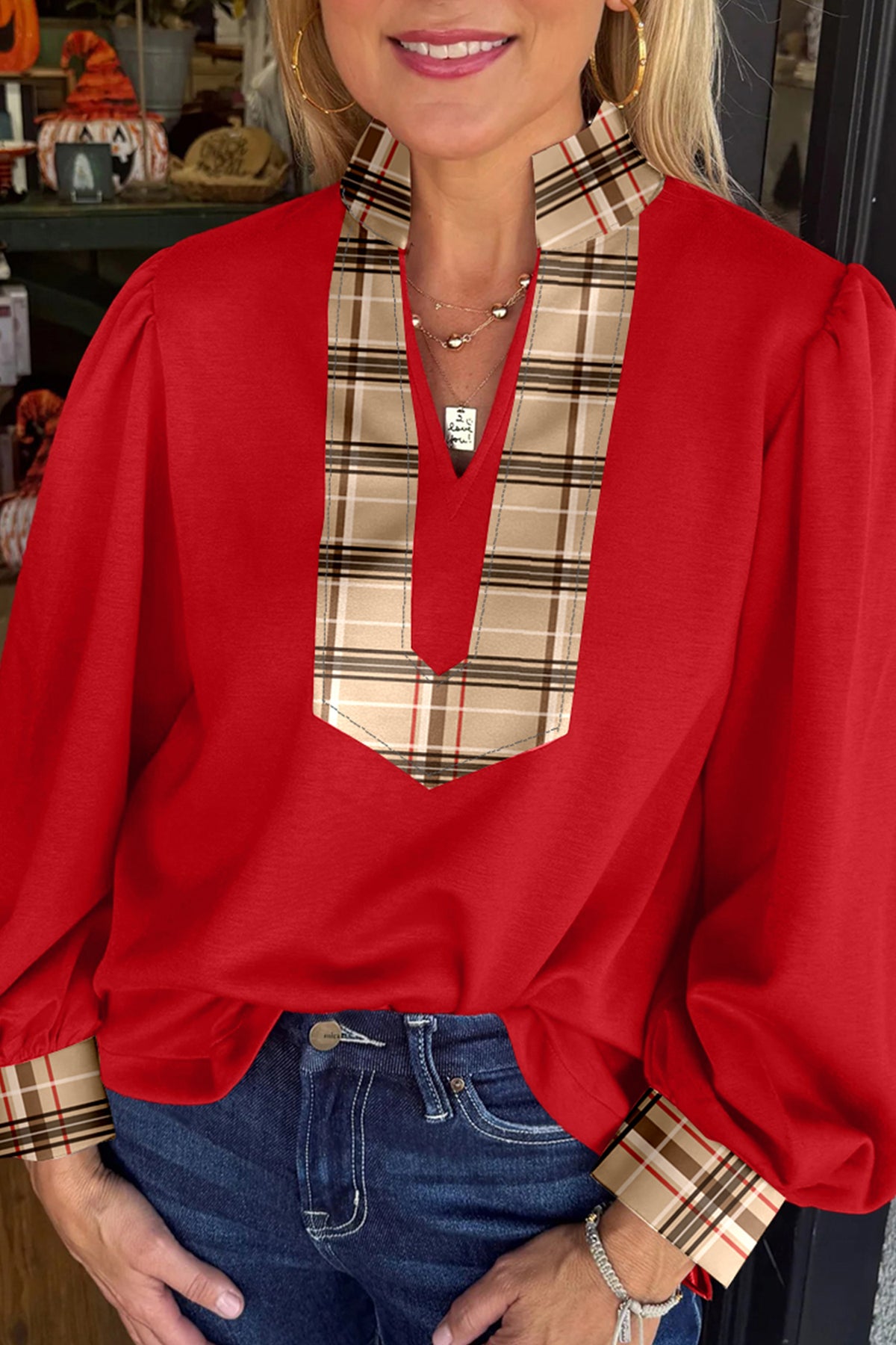 Contrast Plaid Patchwork V Neck Long Sleeve Blouse - KaleaBoutique.com