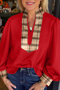 Contrast Plaid Patchwork V Neck Long Sleeve Blouse - KaleaBoutique.com