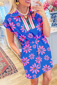Floral Striped Quarter Zip Cap Sleeve Drawstring Waist Mini Dress - KaleaBoutique.com