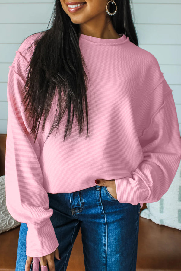 Horizontal Ribbed Exposed Seam Detail Drop Shoulder Baggy Pullover - KaleaBoutique.com