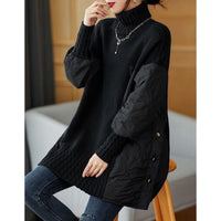 Women's High-Neck Quilted-Panel Longline Pullover with Side Buttons - KaleaBoutique.com