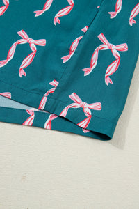 KaleaBoutique Stylish Ribbon Bow Print Silky Long Sleeve Shirt and Shorts 2pcs Pajama Set - KaleaBoutique.com