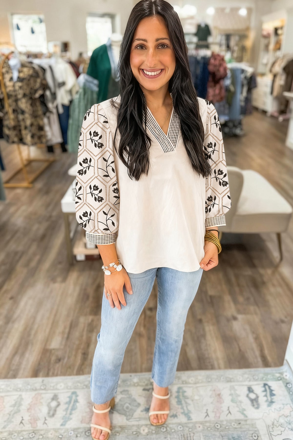 KaleaBoutique Stylish Floral Puff Sleeve Contrast V Neck Patchwork Blouse - KaleaBoutique.com