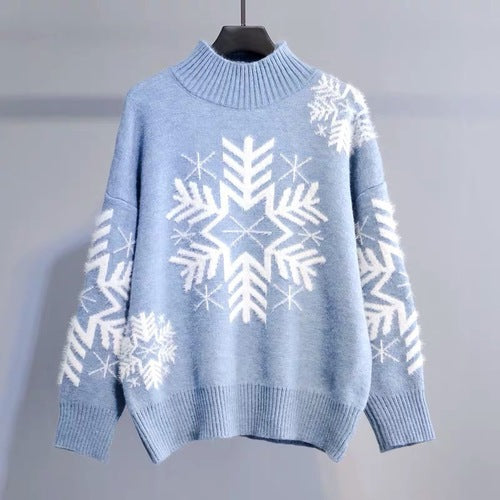 Women's Large Snowflake Oversized Mock-Neck Christmas Fuzzy Sweater - KaleaBoutique.com