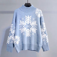 Women's Large Snowflake Oversized Mock-Neck Christmas Fuzzy Sweater - KaleaBoutique.com