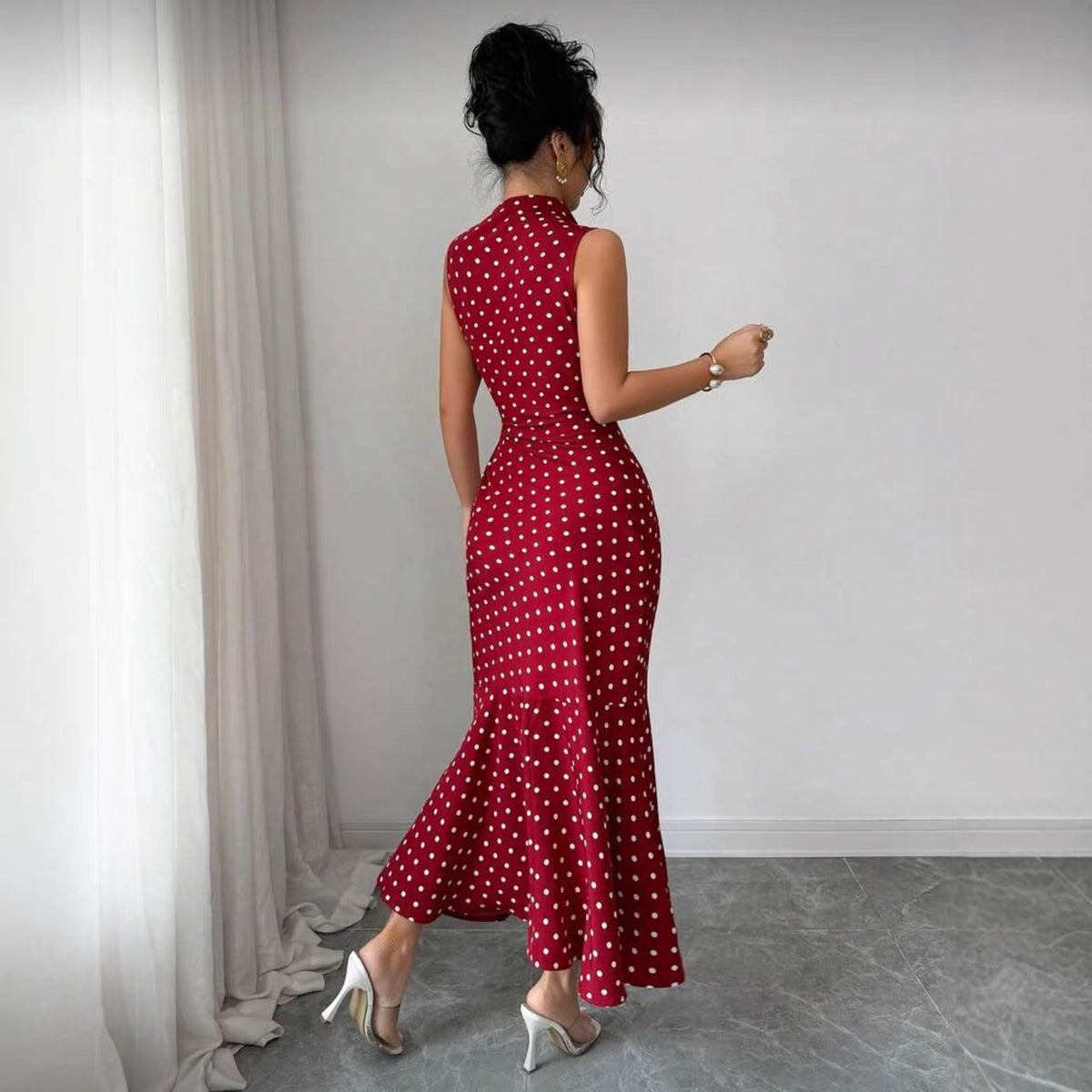 Women's Red Polka-Dot High-Neck Sleeveless Fishtail Dress - KaleaBoutique.com