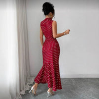 Women's Red Polka-Dot High-Neck Sleeveless Fishtail Dress - KaleaBoutique.com